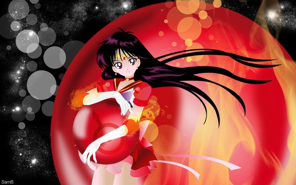 Anime picture 1920x1200 with bishoujo senshi sailor moon toei animation hino rei sailor mars single long hair highres wide image purple eyes purple hair girl gloves earrings elbow gloves sailor suit