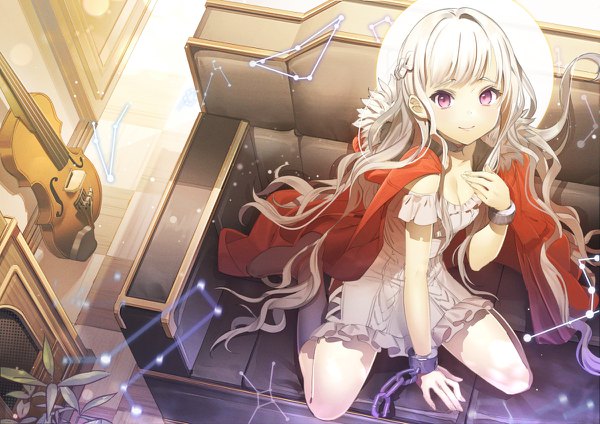 Anime picture 1200x848 with original koyoi mitsuki single long hair looking at viewer fringe smile sitting purple eyes silver hair full body bent knee (knees) indoors off shoulder fur trim floating hair hand on chest wariza clothes on shoulders constellation