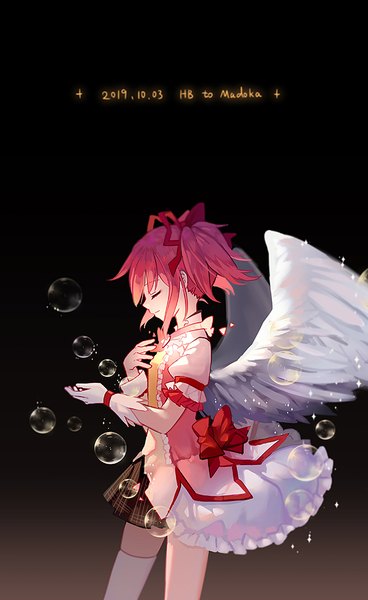 Anime picture 614x1000 with mahou shoujo madoka magica shaft (studio) kaname madoka cuivre single tall image fringe short hair simple background hair between eyes twintails pink hair eyes closed profile short sleeves hand on chest dated black background short twintails angel wings