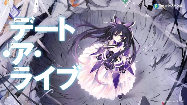 Anime picture 1920x1080 with date a live yatogami tooka tsunako long hair looking at viewer highres black hair wide image purple eyes from above inscription official art looking up girl dress bow hair bow headdress armor