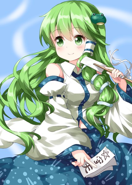 Anime picture 1000x1400 with touhou kochiya sanae ruu (tksymkw) single long hair tall image blush fringe smile hair between eyes green eyes looking away traditional clothes japanese clothes green hair nontraditional miko girl detached sleeves hair tubes gohei