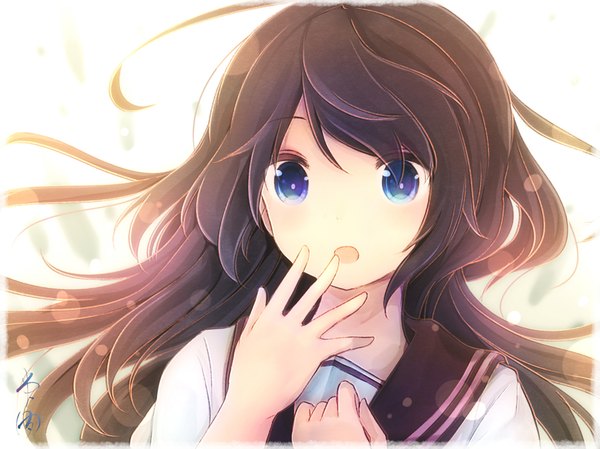 Anime picture 878x658 with original yonema single long hair looking at viewer blush open mouth blue eyes black hair signed upper body ahoge lens flare hand on chest finger to mouth surprised girl uniform serafuku