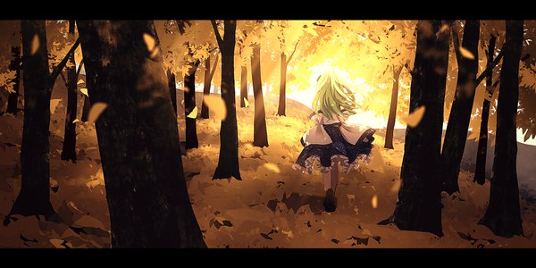Anime picture 1600x800 with touhou kochiya sanae dise single long hair wide image full body outdoors pleated skirt green hair wind from behind sunlight wide sleeves letterboxed soles walking frilly skirt autumn girl