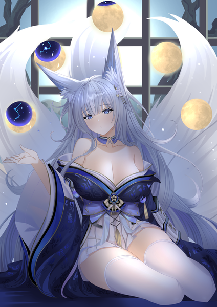 Anime picture 2894x4093 with azur lane shinano (azur lane) tnr (horiko1525) single tall image looking at viewer fringe highres breasts blue eyes light erotic large breasts sitting animal ears cleavage silver hair indoors tail long sleeves very long hair