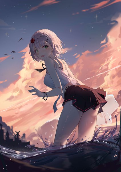 Anime picture 4960x7016 with genshin impact noelle (genshin impact) yajuu single tall image looking at viewer blush fringe highres short hair open mouth smile standing bare shoulders green eyes payot absurdres sky silver hair cloud (clouds)