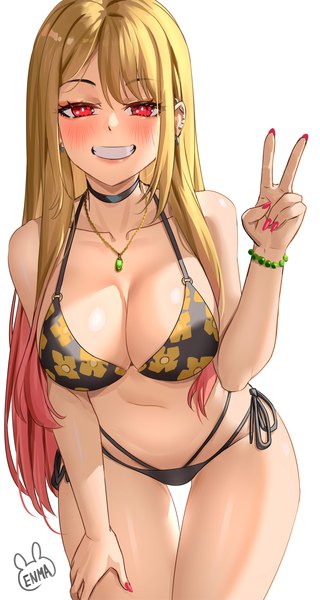 Anime picture 1200x2250 with sono bisque doll wa koi wo suru cloverworks kitagawa marin enmanuelart20 single long hair tall image looking at viewer blush fringe breasts light erotic blonde hair smile red eyes large breasts standing signed fingernails arm support