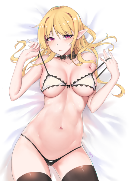 Anime picture 1955x2700 with original odya single long hair tall image looking at viewer blush fringe highres breasts light erotic blonde hair hair between eyes bare shoulders signed payot lying parted lips pink eyes pointy ears