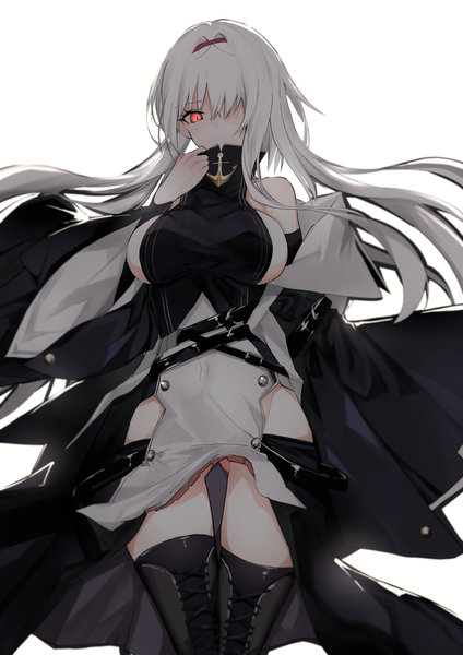 Anime picture 850x1204 with azur lane colorado (azur lane) narue single long hair tall image looking at viewer fringe breasts light erotic simple background red eyes large breasts standing white background bare shoulders long sleeves grey hair hair over one eye wide sleeves