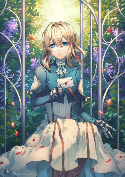 Anime picture 707x1000 with violet evergarden kyoto animation violet evergarden (character) darkavey single tall image looking at viewer fringe short hair blue eyes blonde hair hair between eyes sitting signed character names mechanical arms girl dress flower (flowers) letter