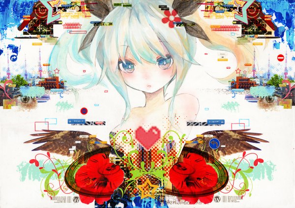 Anime picture 1134x800 with original nanashina (artist) single long hair looking at viewer blush open mouth blue eyes twintails bare shoulders aqua hair black wings girl flower (flowers) bow hair bow wings heart hibiscus traffic sign