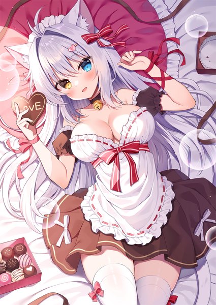 Anime picture 800x1130 with original aina rive mauve single long hair tall image blush breasts light erotic large breasts animal ears cleavage silver hair ahoge tail lying animal tail cat ears maid on back