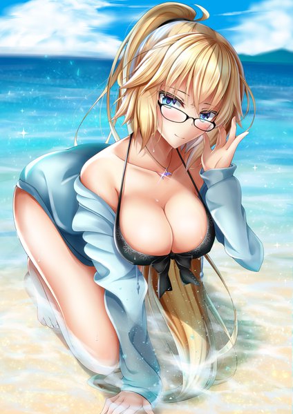 Anime picture 2894x4093 with fate (series) fate/grand order jeanne d'arc (fate) (all) jeanne d'arc (swimsuit archer) rai (newtype xm-x1) single long hair tall image looking at viewer blush fringe highres breasts blue eyes light erotic blonde hair hair between eyes large breasts bare shoulders sky