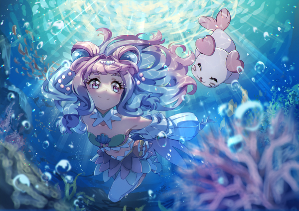 Anime picture 2500x1768 with precure tropical-rouge! precure toei animation laura (precure) cure la mer kururun (precure) eva mashiro single long hair highres smile blue hair looking away pink hair multicolored hair two-tone hair underwater magical girl girl detached sleeves