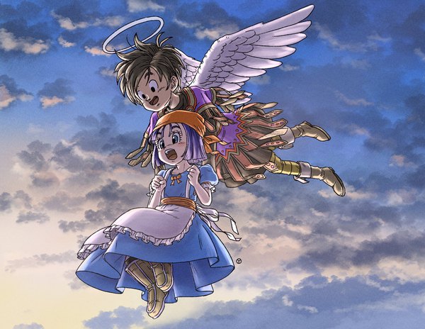Anime picture 2048x1584 with dragon quest dragon quest ix rikka (dq9) hero (dq9) yuto sakurai highres short hair open mouth blue eyes black hair smile sky purple hair cloud (clouds) black eyes short sleeves flying angel wings scared twilight