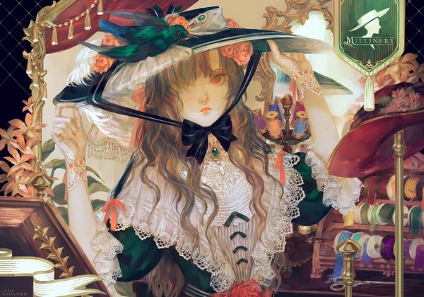 Anime picture 1000x700 with original lucia (biblyoteka) single long hair looking at viewer fringe red eyes brown hair upper body hair over one eye wavy hair adjusting hat girl dress ribbon (ribbons) hat animal bird (birds) lace