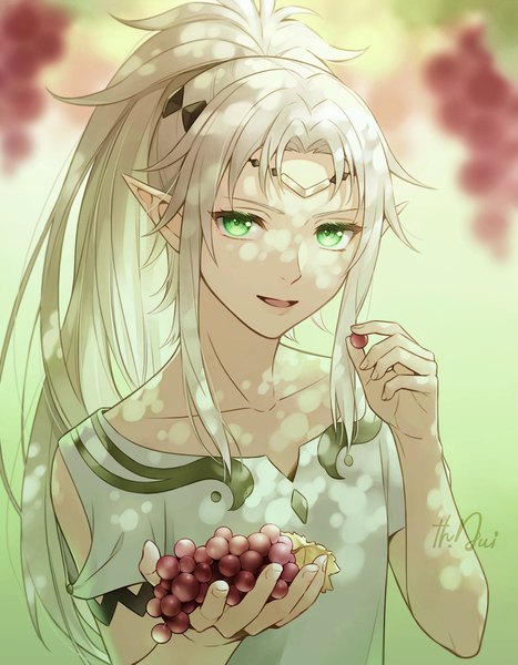 Anime picture 1100x1414 with saihate no paladin meneldol imonosato single long hair tall image looking at viewer open mouth green eyes silver hair upper body ponytail :d pointy ears elf boy food berry (berries) circlet grapes