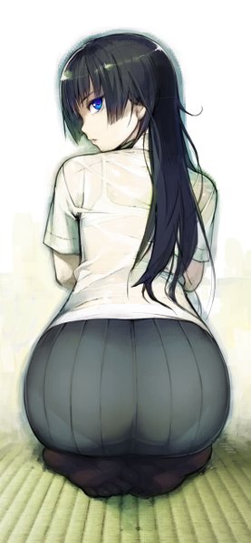 Anime picture 591x1280 with phenomeno mitsurugi yoishi namaniku atk single long hair tall image looking at viewer fringe blue eyes light erotic black hair white background payot ass parted lips profile pleated skirt looking back from behind short sleeves