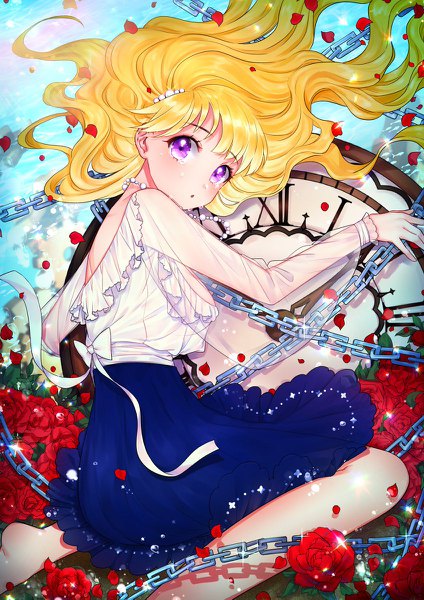 Anime picture 848x1199 with original gongyo single long hair tall image looking at viewer fringe blonde hair purple eyes bent knee (knees) lying barefoot from above :o sparkle tears on side crying girl skirt
