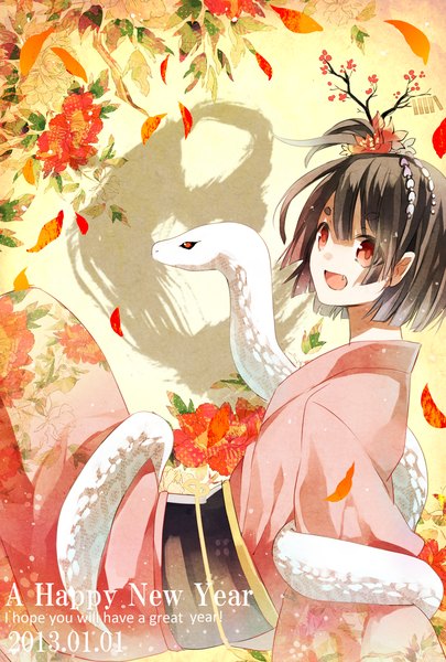 Anime picture 1181x1748 with original hanagata single tall image short hair open mouth red eyes brown hair traditional clothes japanese clothes shadow one side up new year happy new year 2013 girl hair ornament flower (flowers) petals snake