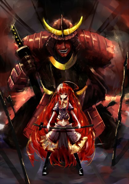 Anime picture 1000x1428 with shakugan no shana j.c. staff shana dliong single tall image looking at viewer fringe red eyes standing red hair very long hair samurai girl gloves weapon sword boots armor katana