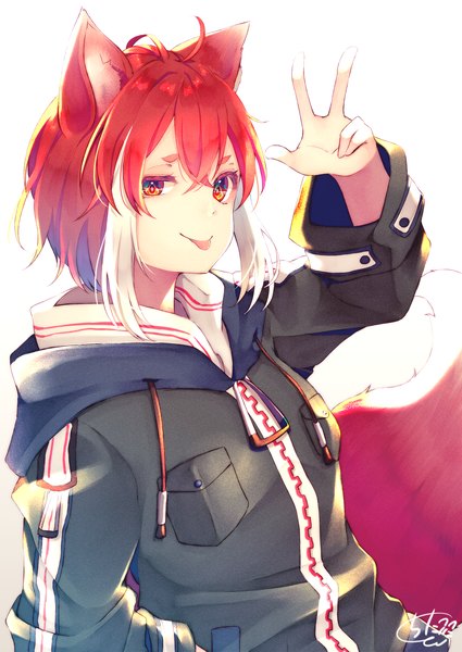 Anime-Bild 1417x2000 mit original chita (ketchup) single tall image looking at viewer fringe short hair simple background smile hair between eyes red eyes standing white background signed animal ears payot ahoge red hair tail animal tail