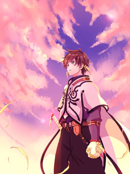 Anime picture 1500x2000 with tales of (series) tales of zestiria namco (studio) sorey (tales) coro96 single tall image short hair brown hair standing green eyes looking away sky cloud (clouds) parted lips from below lens flare boy gloves weapon