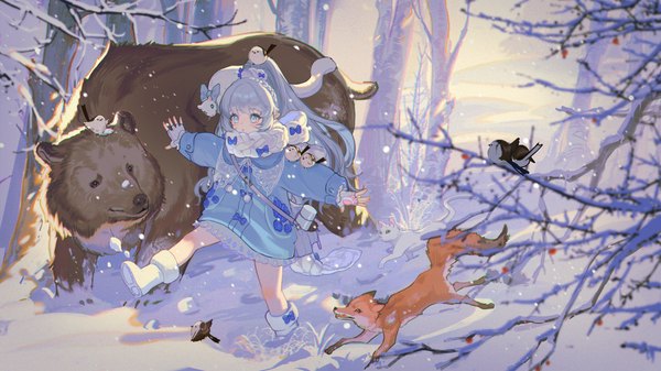 Anime picture 3692x2075 with original guan tang baozi single long hair highres blue eyes wide image absurdres silver hair full body outdoors ponytail loli spread arms winter walking cute animal on shoulder animal on head bird on shoulder