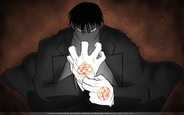 Anime-Bild 1680x1050 mit fullmetal alchemist studio bones roy mustang fringe black hair hair between eyes wide image yellow eyes upper body adjusting gloves boy gloves white gloves