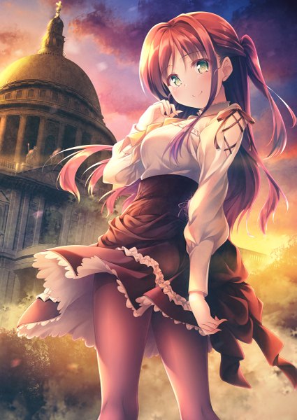Anime picture 851x1200 with original yuurei yashiki single long hair tall image looking at viewer blush fringe breasts smile hair between eyes brown hair standing green eyes payot sky cloud (clouds) outdoors long sleeves head tilt
