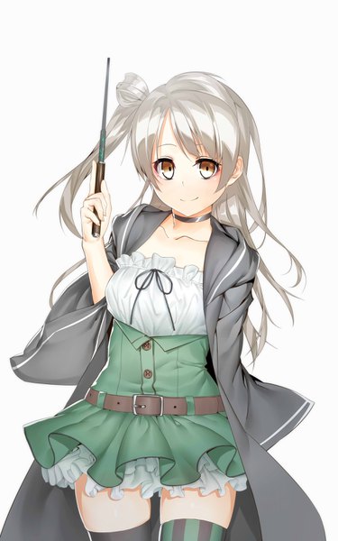 Anime picture 2000x3200 with love live! school idol project sunrise (studio) love live! minami kotori sizuka (takuma0) single long hair tall image looking at viewer blush highres simple background smile white background holding brown eyes grey hair wide sleeves one side up different thighhighs