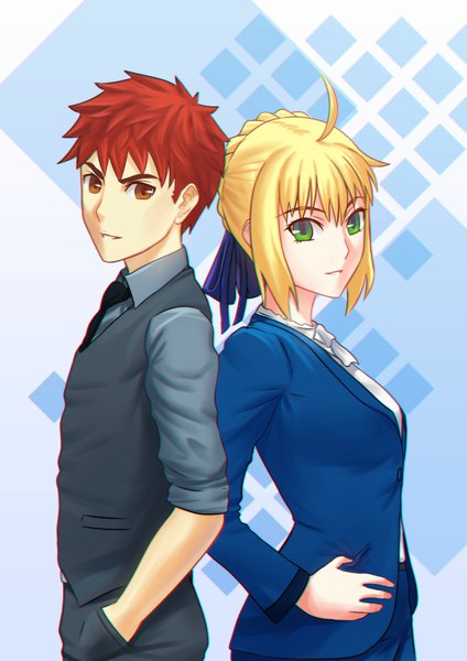 Anime picture 992x1403 with fate (series) fate/grand order fate/stay night artoria pendragon (all) saber emiya shirou fateline alpha tall image looking at viewer fringe short hair simple background blonde hair smile hair between eyes brown hair standing brown eyes green eyes payot
