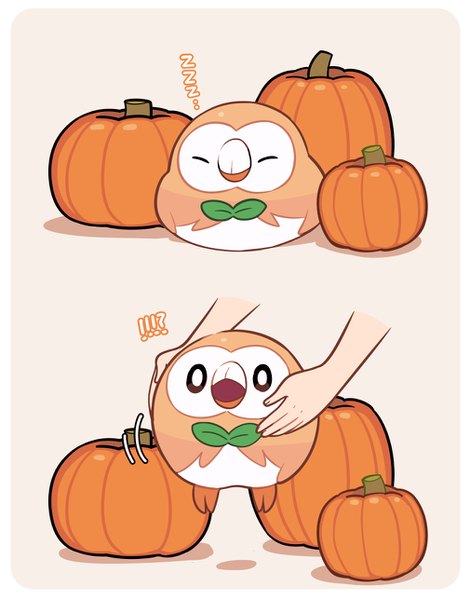 Anime picture 1010x1288 with pokemon pokemon (game) pokemon sm nintendo rowlet ikuchi osutega tall image simple background border multiview sleeping surprised gen 7 pokemon !? vegetables hands pokemon (creature) pumpkin