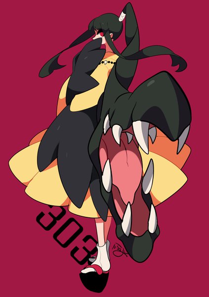 Anime picture 565x800 with pokemon nintendo mawile karabako single long hair tall image looking at viewer fringe black hair simple background red eyes standing signed payot full body ponytail traditional clothes japanese clothes profile