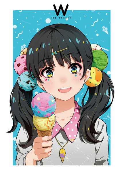 Anime-Bild 1202x1700 mit original lam (ramdayo) single long hair tall image looking at viewer blush open mouth black hair twintails text border english outstretched hand multicolored eyes girl food sweets hairclip pendant