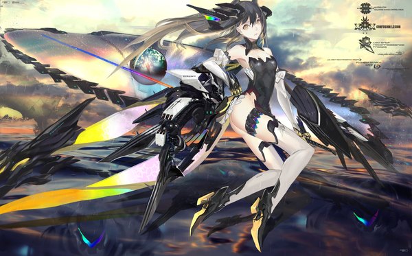 Anime picture 2000x1245 with original pixiv fantasia pixiv fantasia fallen kings kiwamu single long hair looking at viewer highres light erotic wide image bare shoulders brown eyes sky cloud (clouds) grey hair mechanical girl thighhighs weapon white thighhighs