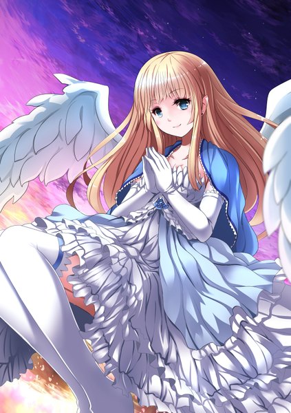 Anime picture 1214x1720 with original risutaru single long hair tall image looking at viewer blush fringe blue eyes blonde hair smile sky bent knee (knees) angel wings hands clasped girl thighhighs dress white thighhighs wings