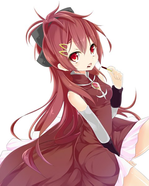Anime picture 720x900 with mahou shoujo madoka magica shaft (studio) sakura kyouko kazu kakao single long hair tall image open mouth simple background red eyes white background ponytail red hair eating girl dress bow hair bow food sweets