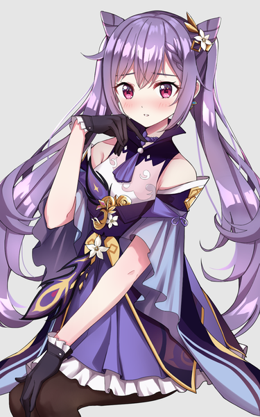 Anime picture 1000x1600 with genshin impact keqing (genshin impact) shirase rin single long hair tall image blush fringe simple background hair between eyes sitting purple eyes twintails looking away purple hair grey background hair bun (hair buns) girl gloves detached sleeves