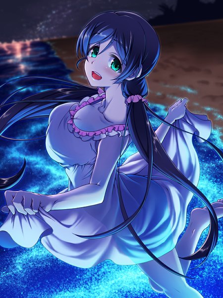 Anime picture 800x1067 with love live! school idol project sunrise (studio) love live! toujou nozomi emanon123 single long hair tall image looking at viewer fringe breasts large breasts standing twintails green eyes blue hair bent knee (knees) barefoot night night sky
