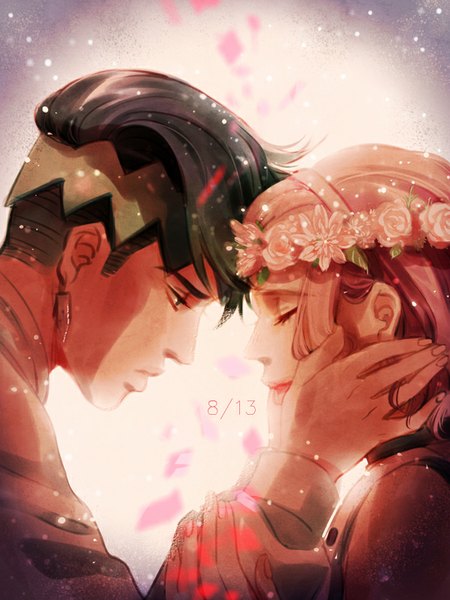 Anime picture 600x800 with jojo no kimyou na bouken kishibe rohan sugimoto reimi rin2010 tall image short hair black hair pink hair eyes closed profile couple dated hand on cheek girl boy earrings petals hairband headband wreath