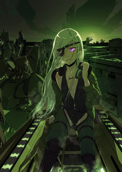 Anime picture 2000x2824 with original kyousin (artist) single long hair tall image highres blonde hair purple eyes absurdres night girl headphones eyepatch mecha