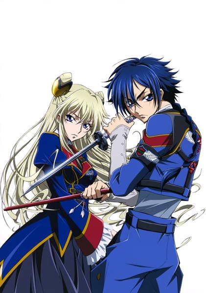 Anime picture 2875x4097 with code geass code geass boukoku no akito leila malcal hyuuga akito long hair tall image looking at viewer highres blue eyes simple background blonde hair white background blue hair braid (braids) official art girl boy uniform weapon sword