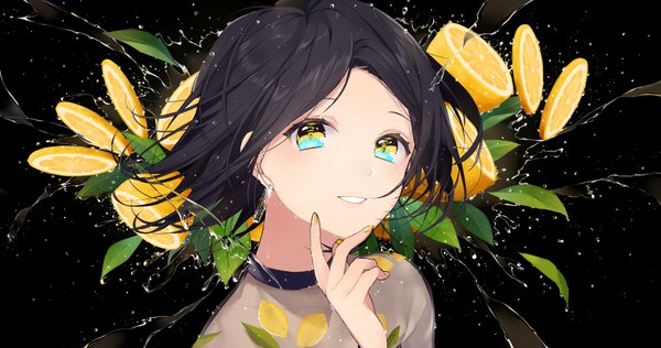 Anime picture 4754x2507 with original sogawa single looking at viewer highres short hair black hair wide image absurdres nail polish parted lips black background face multicolored eyes food print lemon print girl earrings fruit lemon