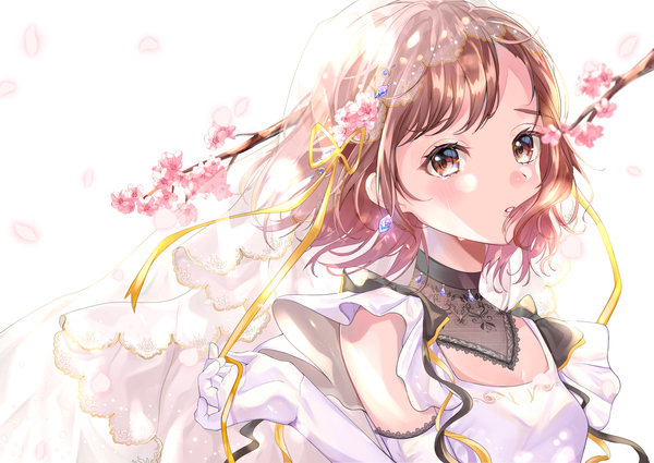 Anime picture 3541x2510 with original totomachokori single looking at viewer blush highres short hair brown hair white background brown eyes absurdres upper body hair flower tears cherry blossoms girl flower (flowers) ribbon (ribbons) hair ribbon branch