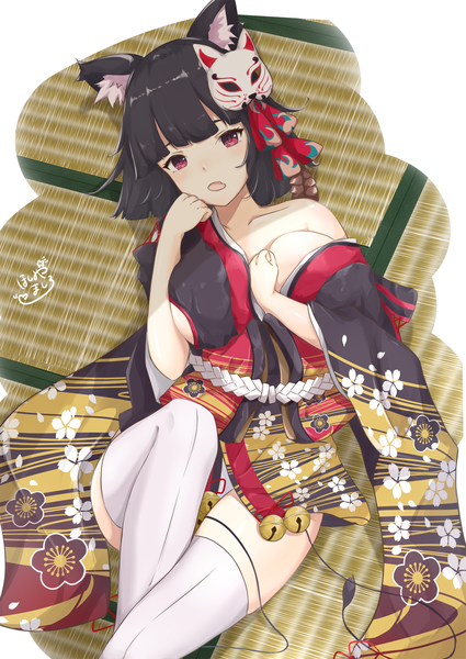 Anime picture 1062x1500 with azur lane yamashiro (azur lane) hoshimiya mashiro single tall image looking at viewer blush fringe short hair breasts open mouth light erotic black hair simple background red eyes large breasts signed animal ears lying traditional clothes