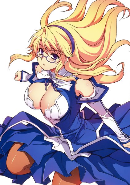 Anime picture 4925x6999 with freezing satellizer el bridget kim kwang hyun single long hair tall image highres blue eyes light erotic blonde hair white background absurdres cleavage scan official art girl dress glasses hairband