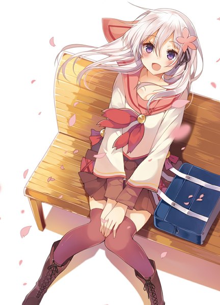 Anime picture 800x1110 with mishima kurone single long hair tall image blush open mouth white background sitting purple eyes bent knee (knees) white hair knees touching knees together feet apart girl thighhighs uniform hair ornament black thighhighs petals serafuku