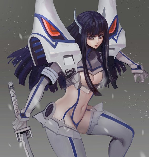 Anime picture 942x1000 with kill la kill studio trigger kiryuuin satsuki canking single long hair tall image looking at viewer breasts light erotic black hair purple eyes girl gloves navel uniform weapon sword boots thigh boots
