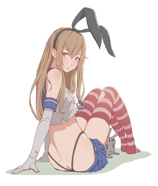 Anime picture 1000x1174 with kantai collection shimakaze destroyer rensouhou-chan cheshirrr single long hair tall image looking at viewer fringe light erotic simple background hair between eyes brown hair white background sitting bare shoulders green eyes full body bent knee (knees) ass
