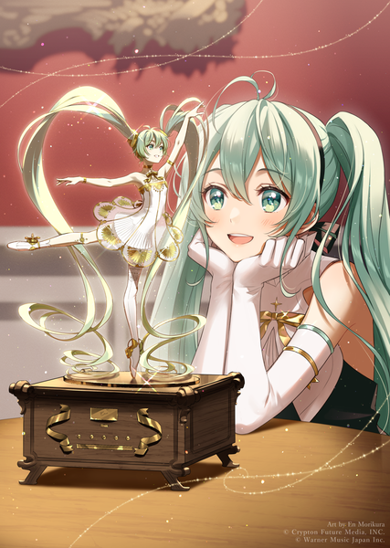 Anime picture 1190x1670 with vocaloid miku symphony (vocaloid) hatsune miku gramophone miku morikura en single long hair tall image blush fringe open mouth smile hair between eyes twintails signed payot looking away upper body ahoge indoors